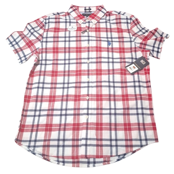 U.S. Polo Assn. Other - NWT U.S POLO ASSN Mens Red White Blue Plaid Button Up Short Sleeve Shirt Sz Med